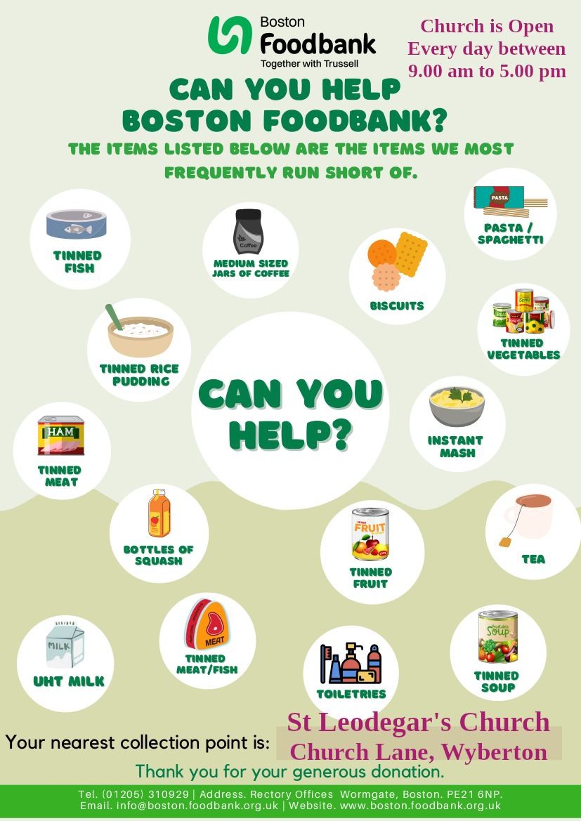 Boston Foodbank donation items poster — items most needed, collection point St Leodegar's Church, Wyberton